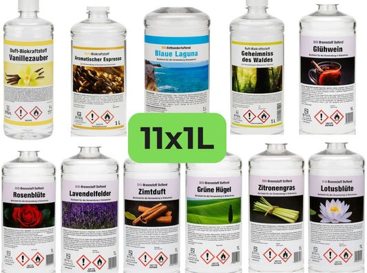 11 x 1 L Bio-Ethanol Duft-Set – mit verschiedenen Aromen